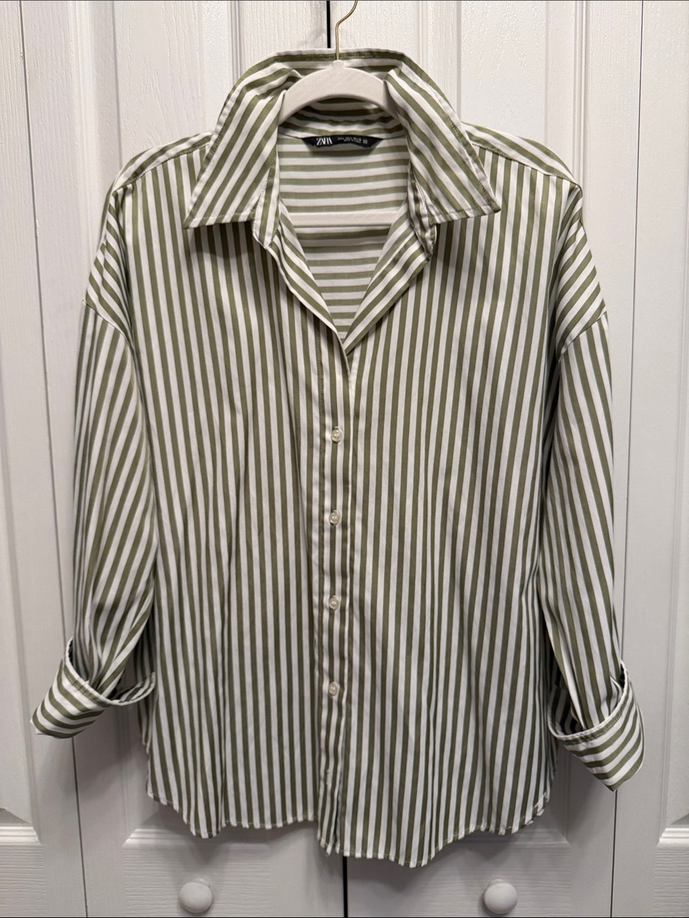 Zara Olive Green and White Vertical Stripe Dress Shirt